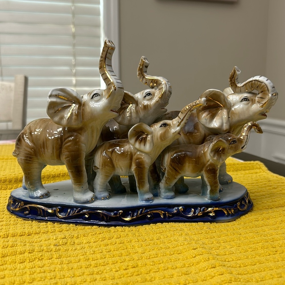 Ceramic Blue and Gold Elephant Decoration With Base